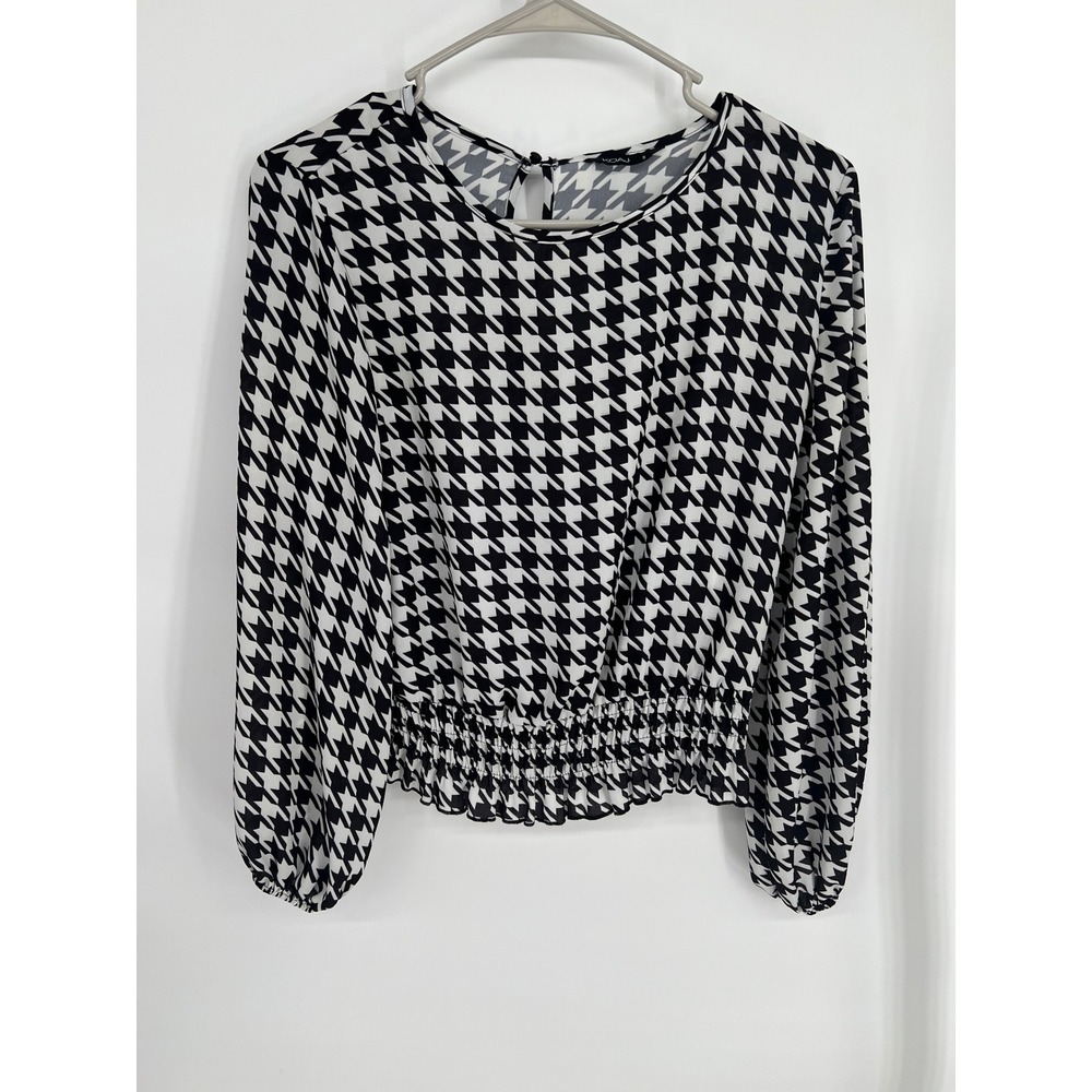 KOAJ Black White Houndstooth Smocked Hem Blouse Small Long Sleeve Keyhole Back